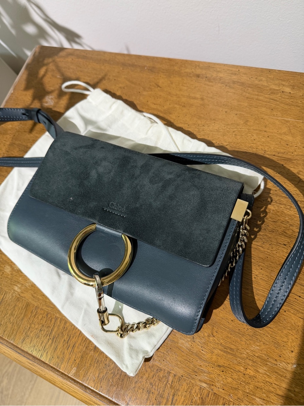Authentic Chloé Faye Small Shoulder Bag Navy Suede Leather 3S1127-H20 w Dust Bag